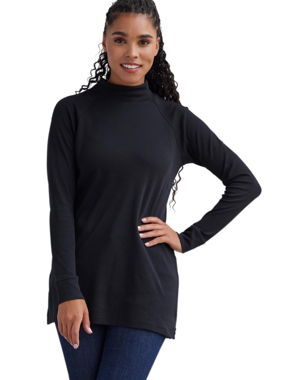 Fair Indigo Women's Luxe Organic 100% Cotton Mock Neck Tunic Black XS